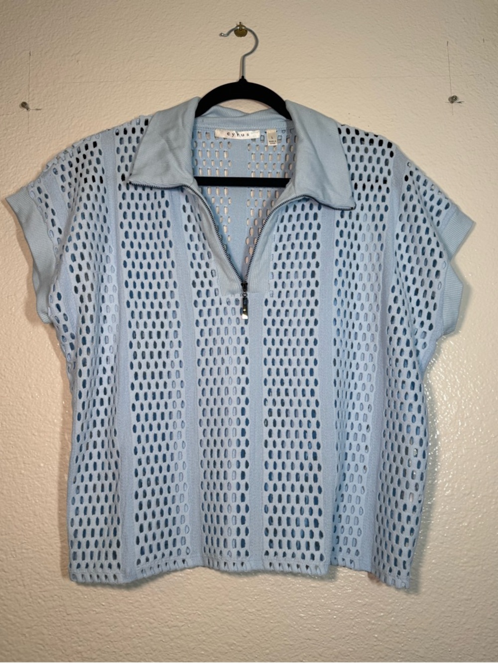 Cyrus Light Blue Open-Knit Zip Polo Top